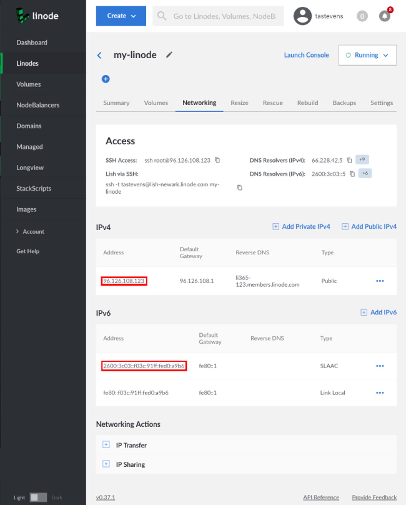 The Networking settings tab for your Linode