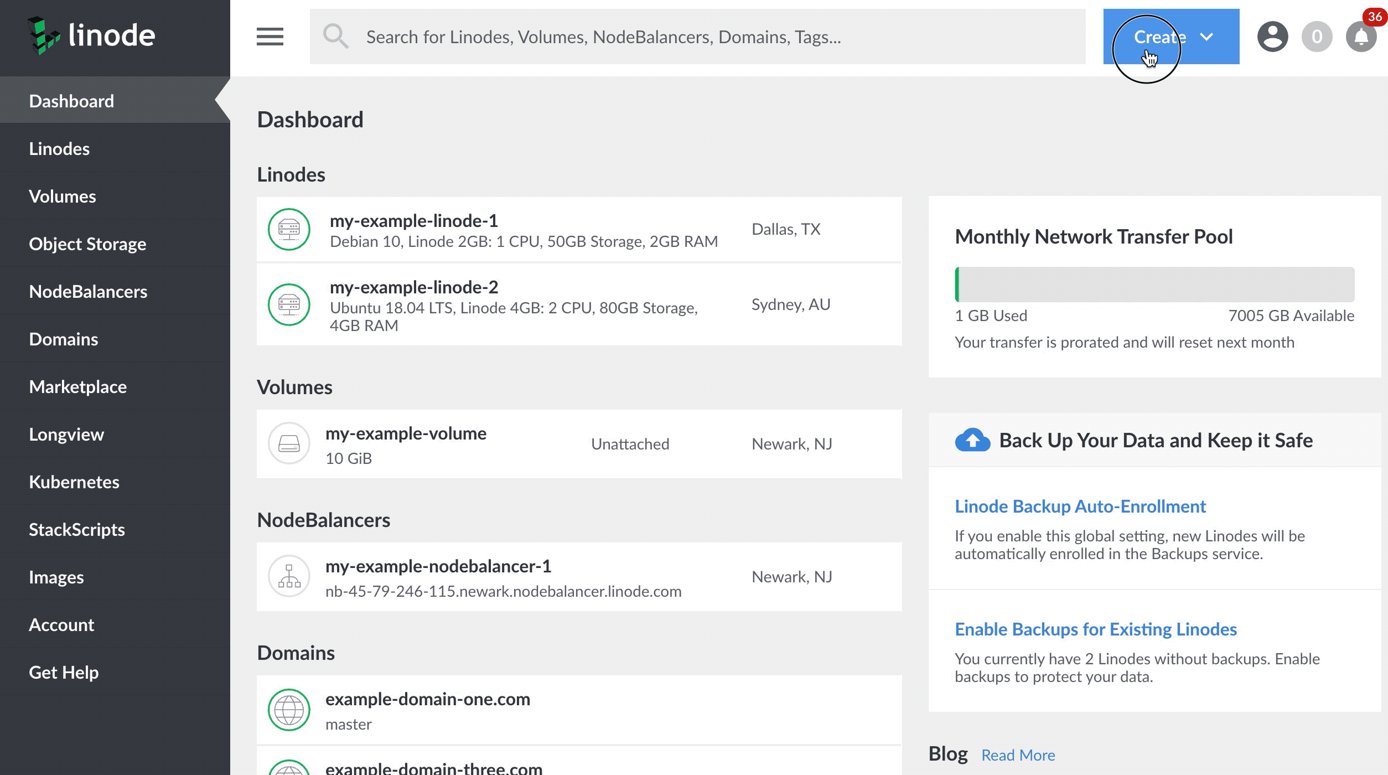 Create a Linode by selecting the image, the region, the plan, and creating a label and a password.