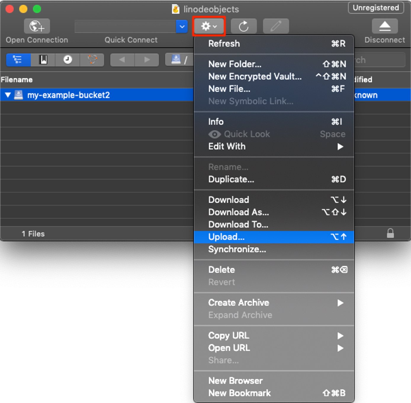Click the &lsquo;Action&rsquo; button to use the file upload dialog.