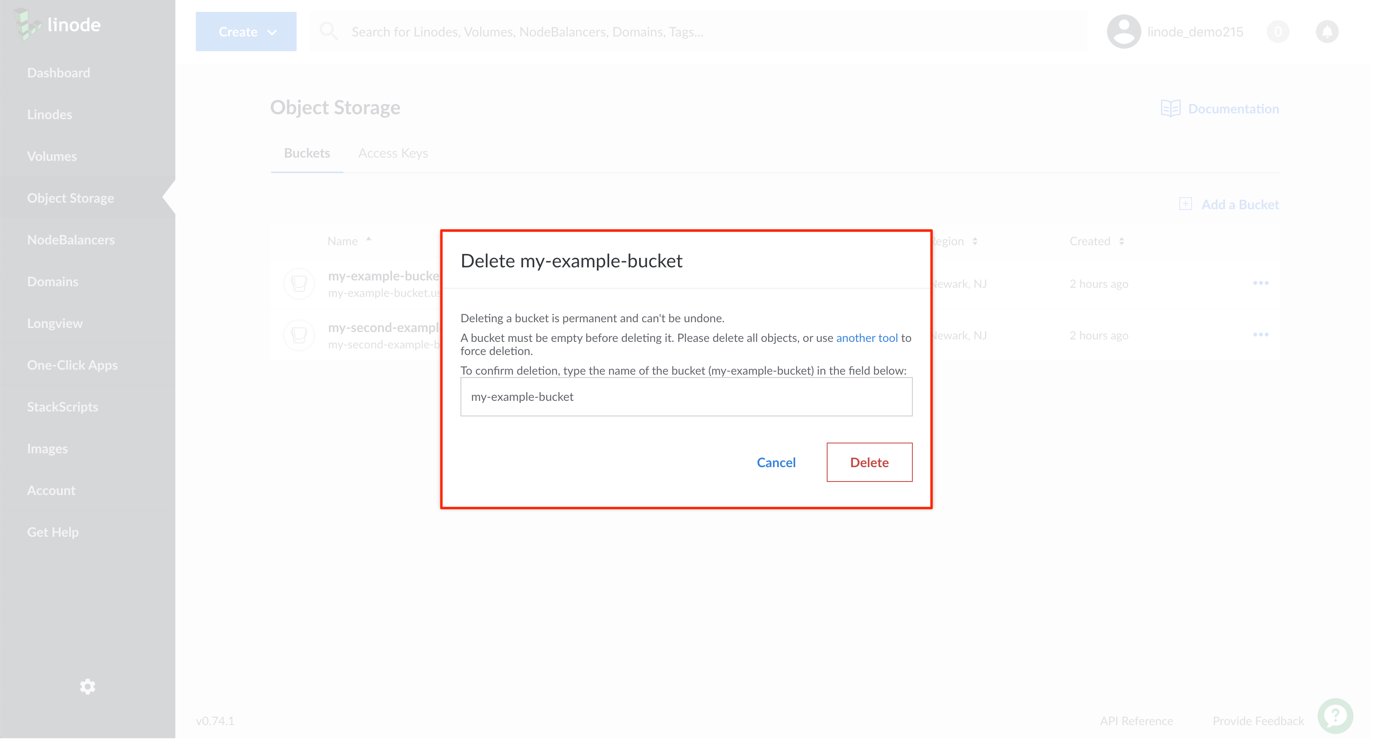 Confirm deleting the Object Storage bucket