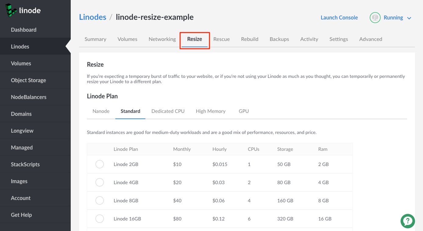 The Linode resize page.